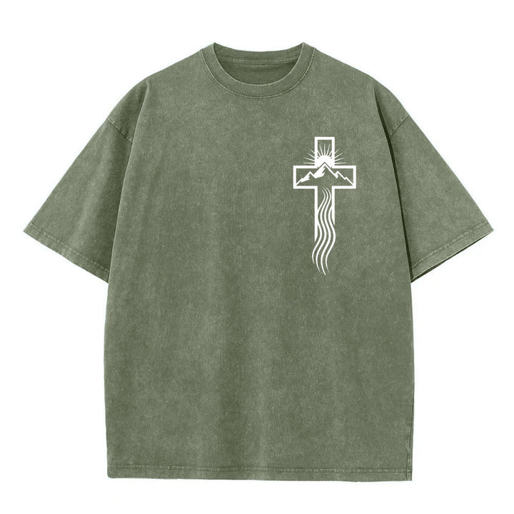 Christianartworkshop Maglietta unisex lavata con simbolo grafico della croce e della natura - Verde militare - 5XL - image 5