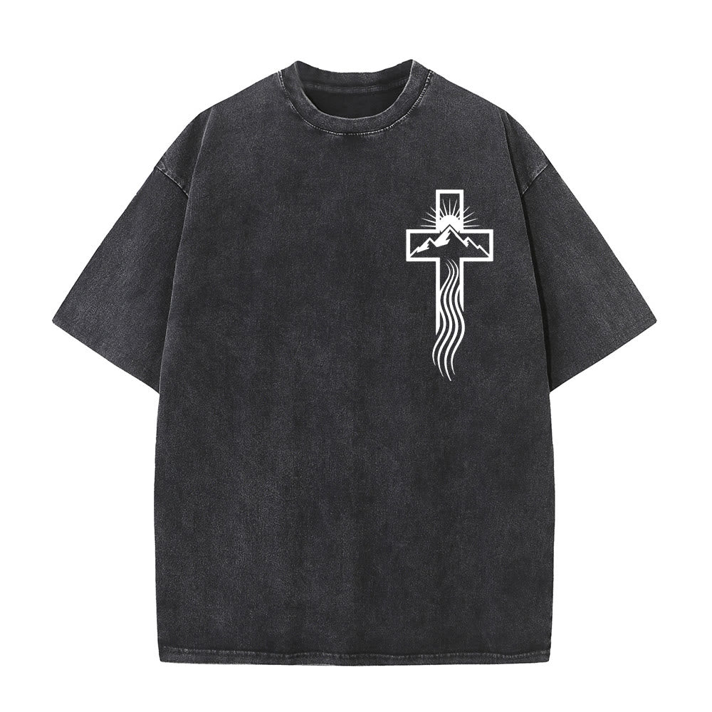 Christianartworkshop Maglietta unisex lavata con simbolo grafico della croce e della natura - Nero - 5XL - image 7