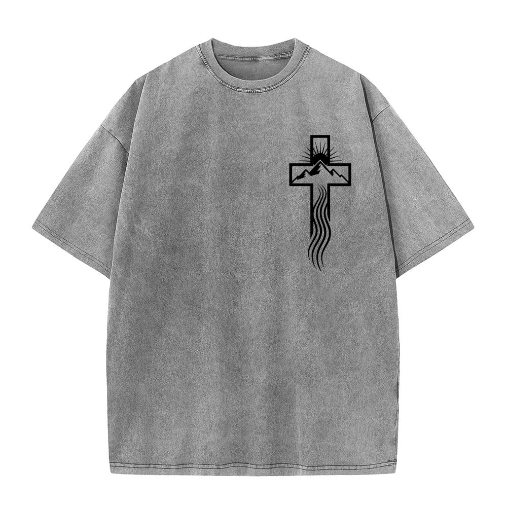 Christianartworkshop Maglietta unisex lavata con simbolo grafico della croce e della natura - Grigio - 5XL - image 0