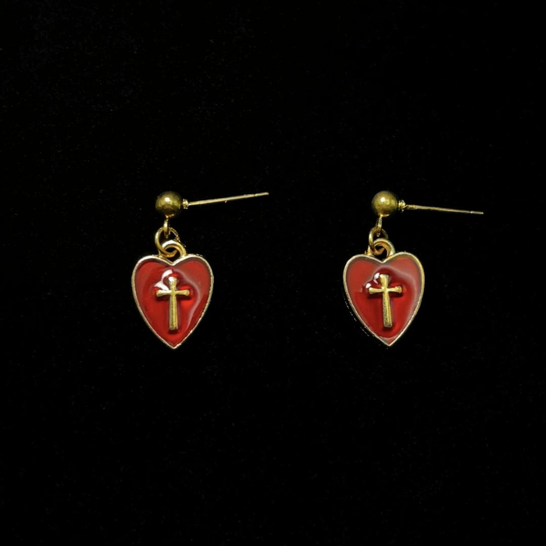 Christianartworkshop Collana e orecchini con ciondolo a forma di cuore e croce abbinati: incarna il suo tenero amore - Orecchini - image 2