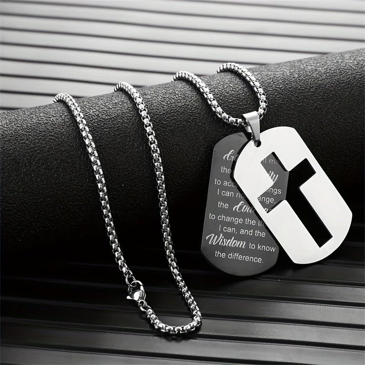 Christianartworkshop Collana con croce in metallo lucido e versetto inciso: porta la sua promessa sempre con te - Preghiera della serenità - image 0