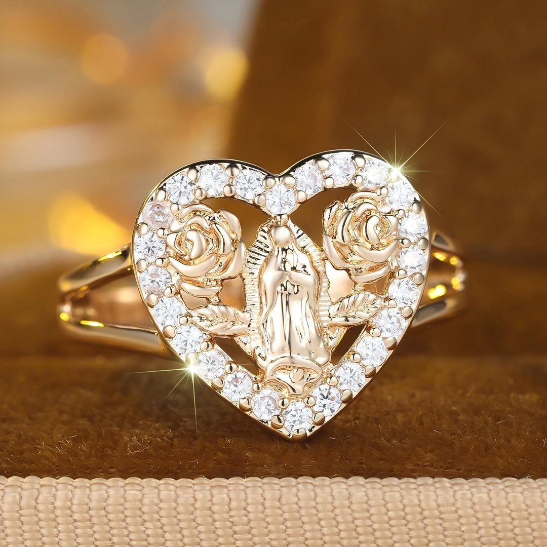 Anello con motivo della Madonna a forma di cuore Christianartworkshop con dettagli di rosa: indossalo ogni giorno per portare con te la sua cura - US 10 - image 0