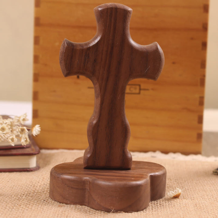 Christianartworkshop Ornamento da scrivania a forma di croce in legno con base rotonda/floreale: incarna la sua pace silenziosa al lavoro - Croce B e base floreale - Buio - image 8