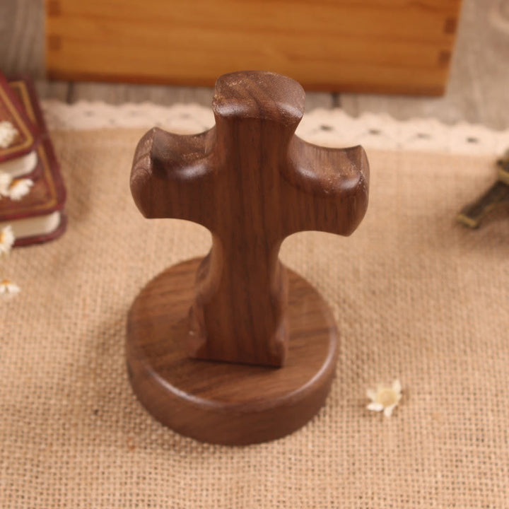 Christianartworkshop Ornamento da scrivania a forma di croce in legno con base rotonda/floreale: incarna la sua pace silenziosa al lavoro - Croce B e base rotonda - Buio - image 9