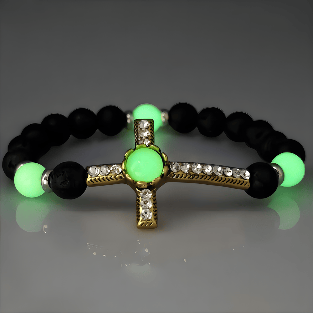 Bracciale in pietra vulcanica con croce fosforescente Christianartworkshop : incarna la sua grazia luminosa - Verde e oro - image 6