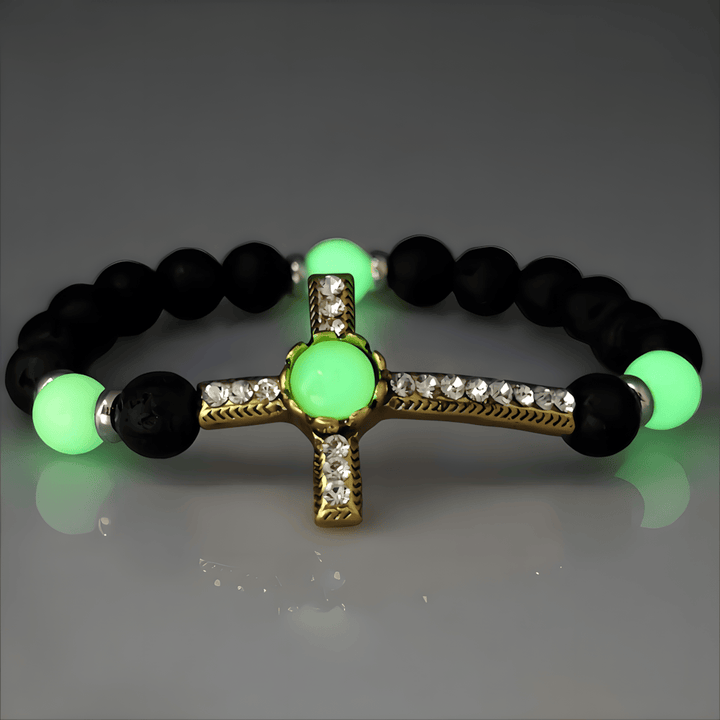 Bracciale in pietra vulcanica con croce fosforescente Christianartworkshop : incarna la sua grazia luminosa - Verde e oro - image 6