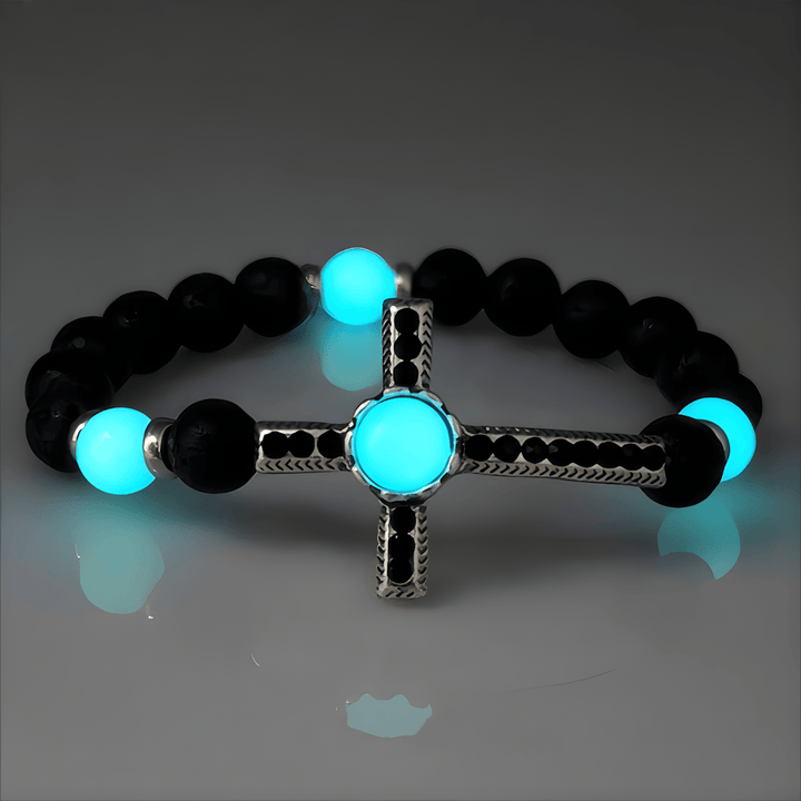 Bracciale in pietra vulcanica con croce fosforescente Christianartworkshop : incarna la sua grazia luminosa - Nero e azzurro - image 4