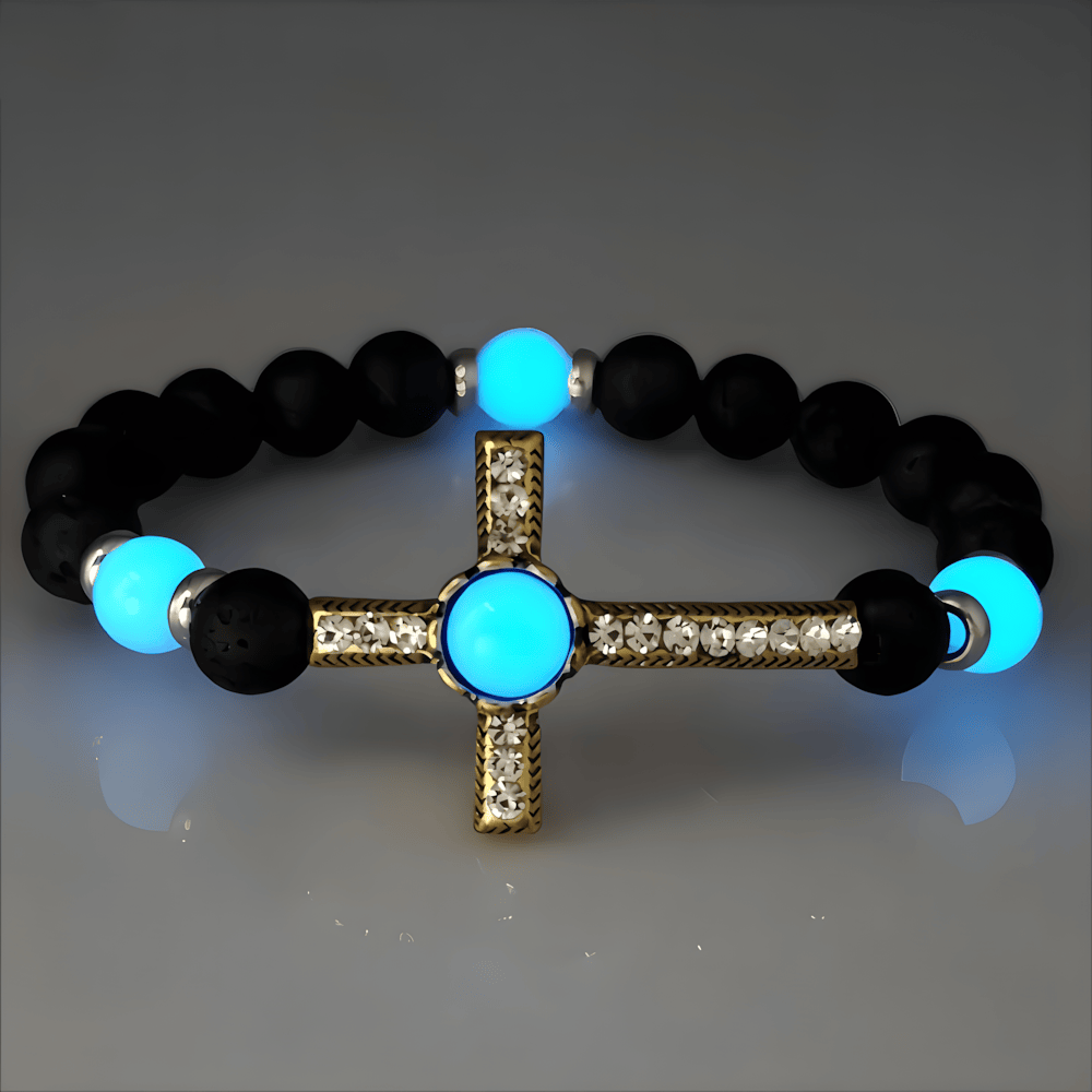 Bracciale in pietra vulcanica con croce fosforescente Christianartworkshop : incarna la sua grazia luminosa - Blu e oro - image 5