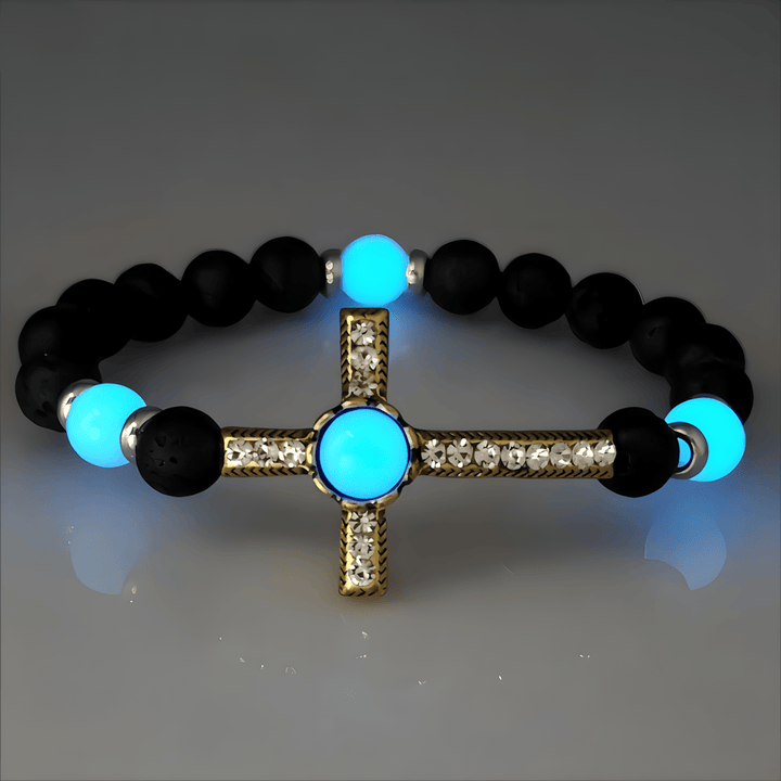 Bracciale in pietra vulcanica con croce fosforescente Christianartworkshop : incarna la sua grazia luminosa - Blu e oro - image 5