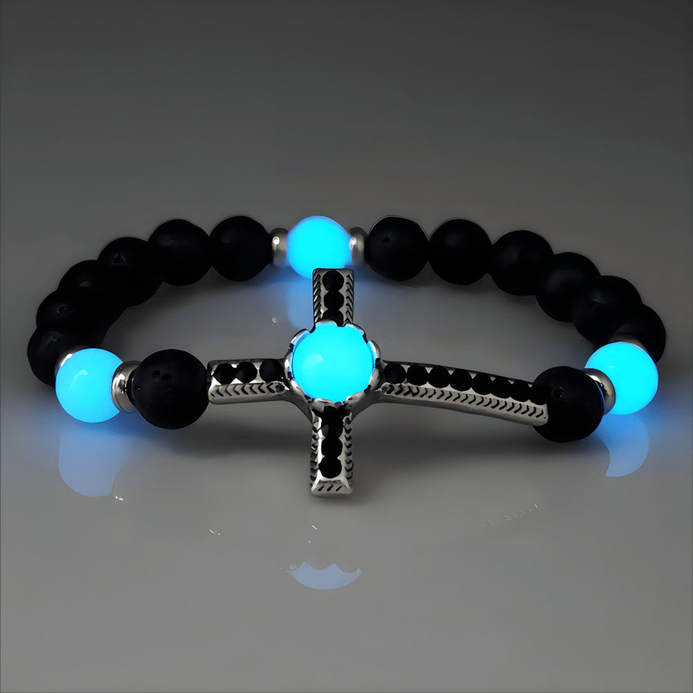 Bracciale in pietra vulcanica con croce fosforescente Christianartworkshop : incarna la sua grazia luminosa - Nero e blu - image 2