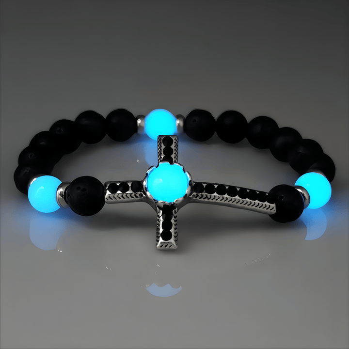 Bracciale in pietra vulcanica con croce fosforescente Christianartworkshop : incarna la sua grazia luminosa - Nero e blu - image 2