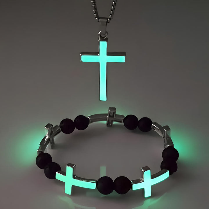 Christianartworkshop Collana con croce luminosa e set di braccialetti con perline: ricorda la sua luce silenziosa - Set verde di 2 - image 0