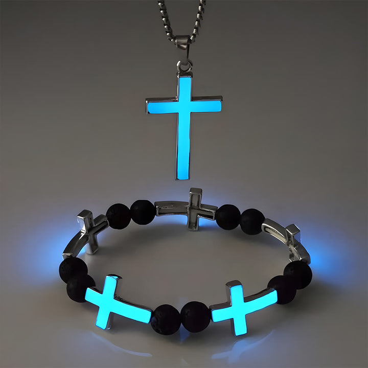 Christianartworkshop Collana con croce luminosa e set di braccialetti con perline: ricorda la sua luce silenziosa - Set blu da 2 - image 5