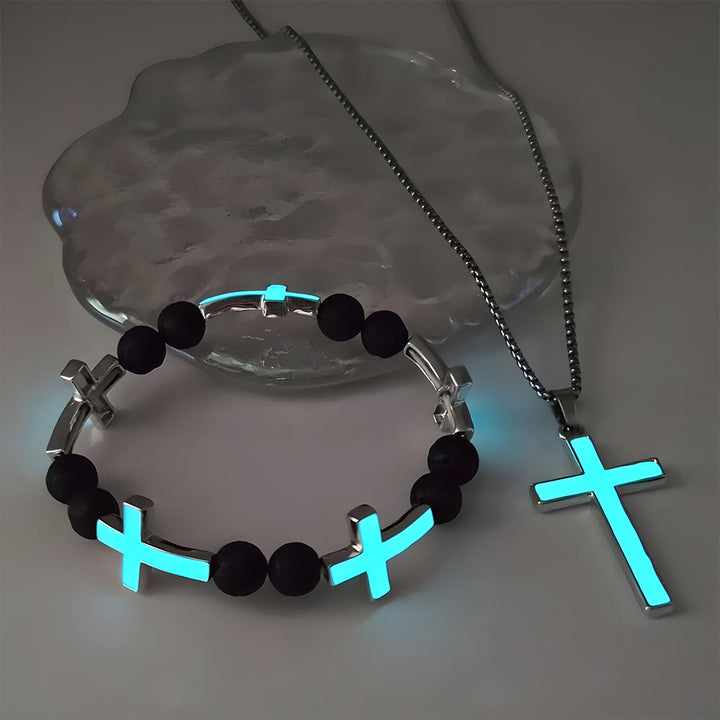 Christianartworkshop Collana con croce luminosa e set di braccialetti con perline: ricorda la sua luce silenziosa - Set di 2 blu ciano - image 3