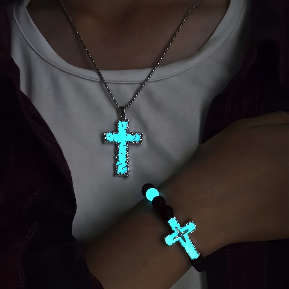 Christianartworkshop Set di collana con croce luminosa a 3 colori e braccialetto di perline: ricorda la sua luce silenziosa - image 1