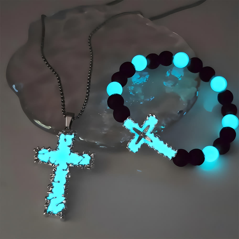 Christianartworkshop Set di collana con croce luminosa a 3 colori e braccialetto di perline: ricorda la sua luce silenziosa - Set di 2 azzurro chiaro - image 0