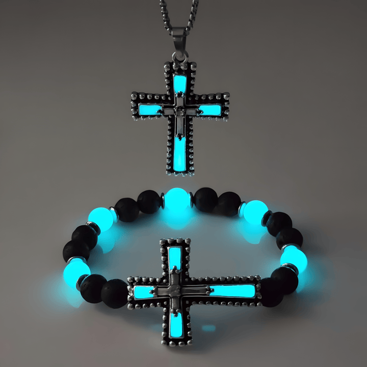 Christianartworkshop Set di gioielli a forma di croce che si illumina al buio con pietra vulcanica: tieni vicina la Sua Grazia dopo il tramonto - Set di 2 azzurro chiaro - image 7