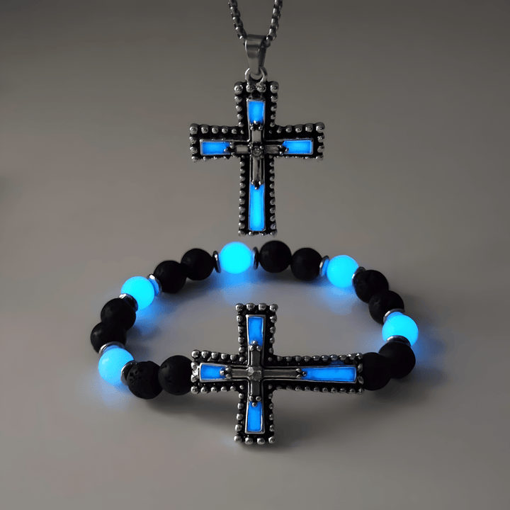 Christianartworkshop Set di gioielli a forma di croce che si illumina al buio con pietra vulcanica: tieni vicina la Sua Grazia dopo il tramonto - image 2
