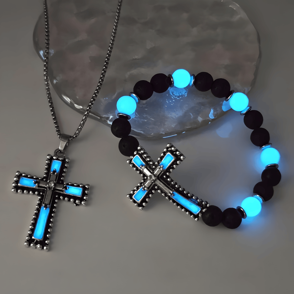 Christianartworkshop Set di gioielli a forma di croce che si illumina al buio con pietra vulcanica: tieni vicina la Sua Grazia dopo il tramonto - Set blu da 2 - image 0