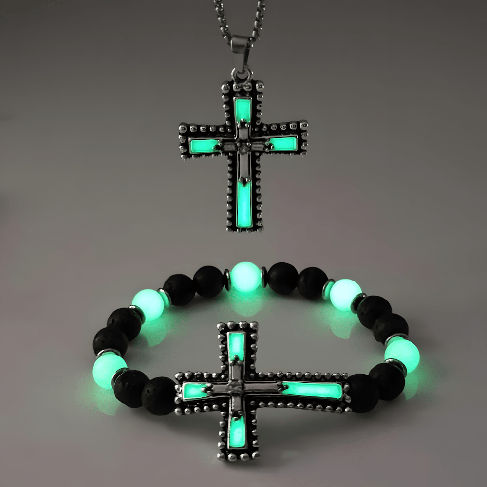 Christianartworkshop Set di gioielli a forma di croce che si illumina al buio con pietra vulcanica: tieni vicina la Sua Grazia dopo il tramonto - Set verde di 2 - image 3