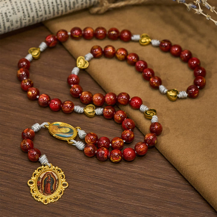 Christianartworkshop Rosario della fede dei Sette Dolori in rosso vino frizzante con medaglia dorata della Madonna - image 3