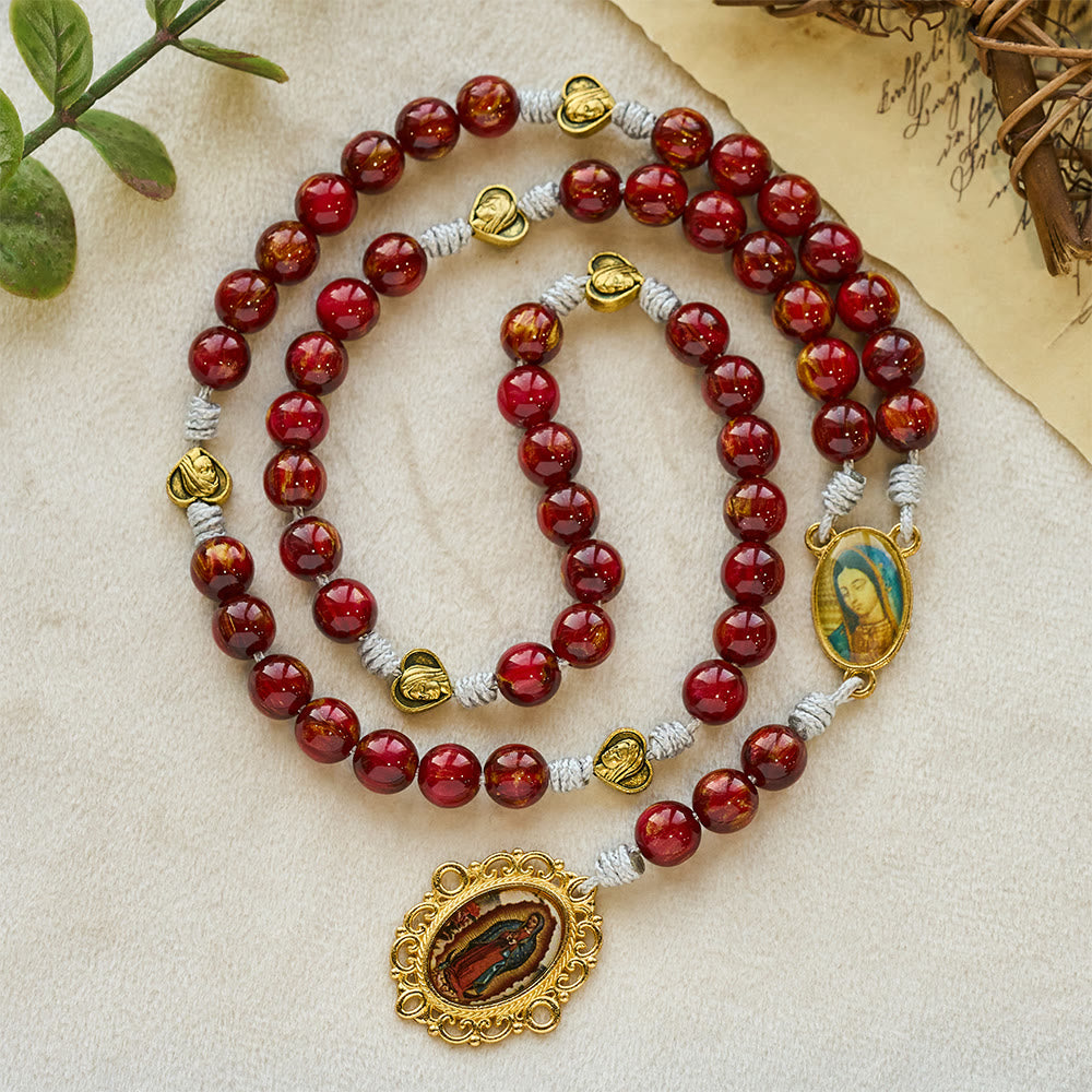 Christianartworkshop Rosario della fede dei Sette Dolori in rosso vino frizzante con medaglia dorata della Madonna - Rosario dei Sette Dolori - image 0