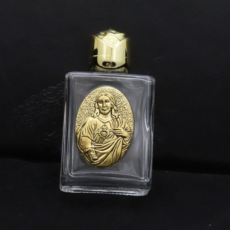 Christianartworkshop Bottiglia per l'acqua santa con icona sacra in rilievo: porta con te la sua cura nei momenti spirituali - Bottiglia quadrata - Sacro Cuore di Gesù - D'oro - image 4