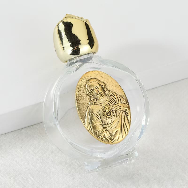 Christianartworkshop Bottiglia per l'acqua santa con icona sacra in rilievo: porta con te la sua cura nei momenti spirituali - Bottiglia rotonda - Sacro Cuore di Gesù - D'oro - image 28