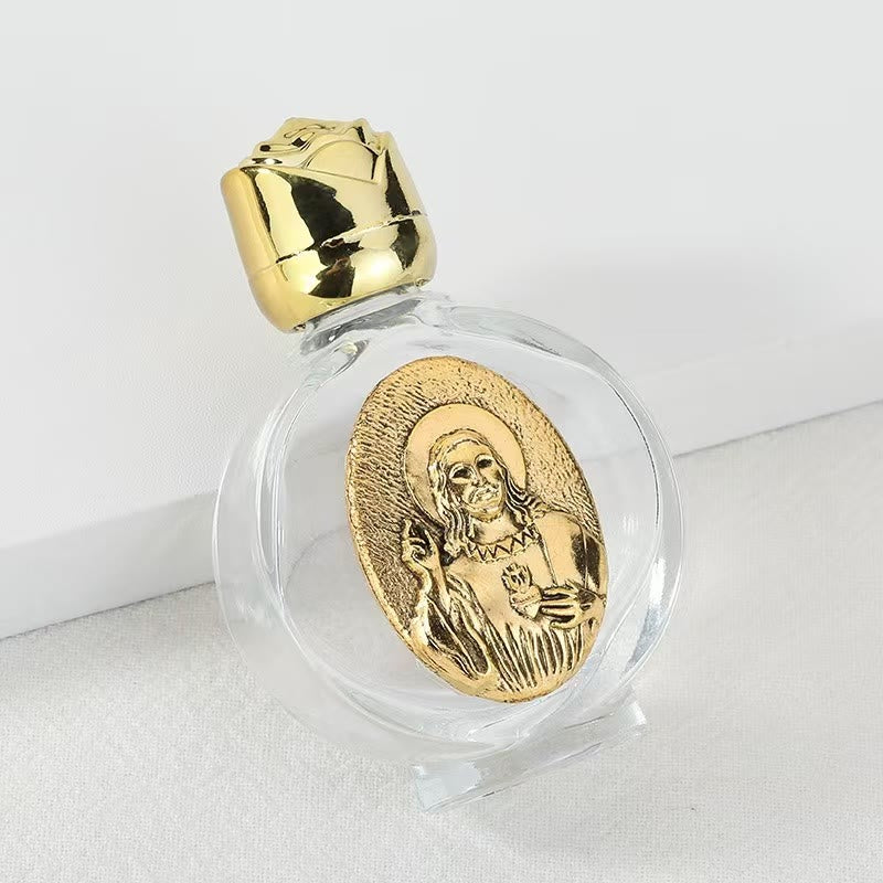 Christianartworkshop Bottiglia per l'acqua santa con icona sacra in rilievo: porta con te la sua cura nei momenti spirituali - Bottiglia rotonda - Gesù Sacro Cuore - D'oro - image 35