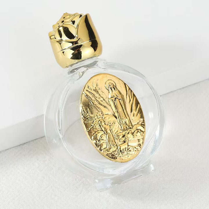 Christianartworkshop Bottiglia per l'acqua santa con icona sacra in rilievo: porta con te la sua cura nei momenti spirituali - Bottiglia rotonda - Nostra Signora di Fatima - D'oro - image 32