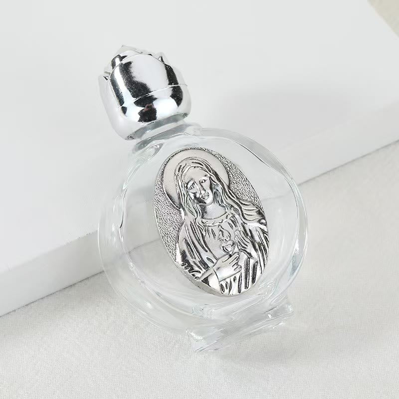 Christianartworkshop Bottiglia per l'acqua santa con icona sacra in rilievo: porta con te la sua cura nei momenti spirituali - Bottiglia rotonda - Sacro Cuore di Nostra Signora - Argento - image 36