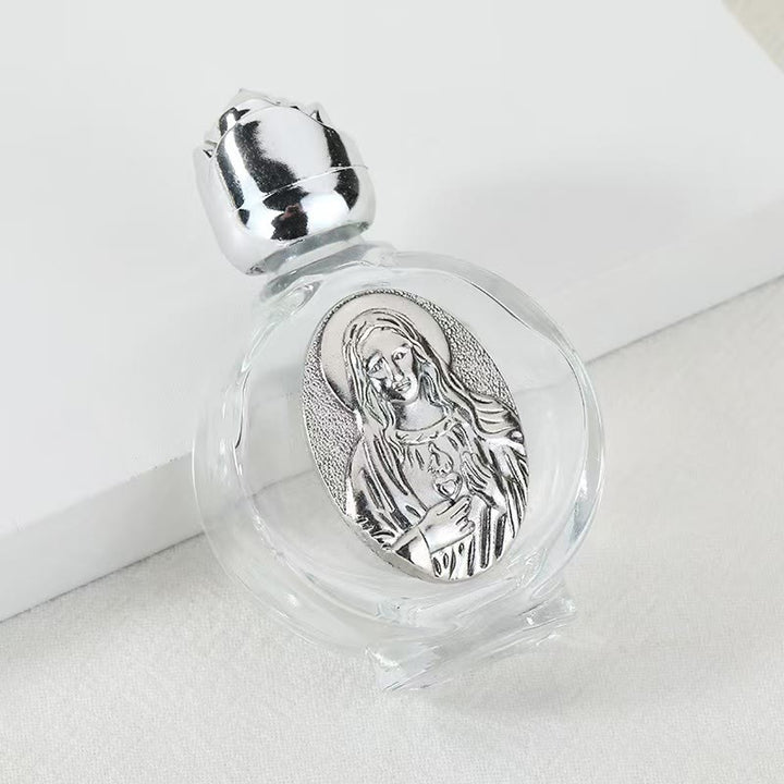 Christianartworkshop Bottiglia per l'acqua santa con icona sacra in rilievo: porta con te la sua cura nei momenti spirituali - Bottiglia rotonda - Sacro Cuore di Nostra Signora - Argento - image 36