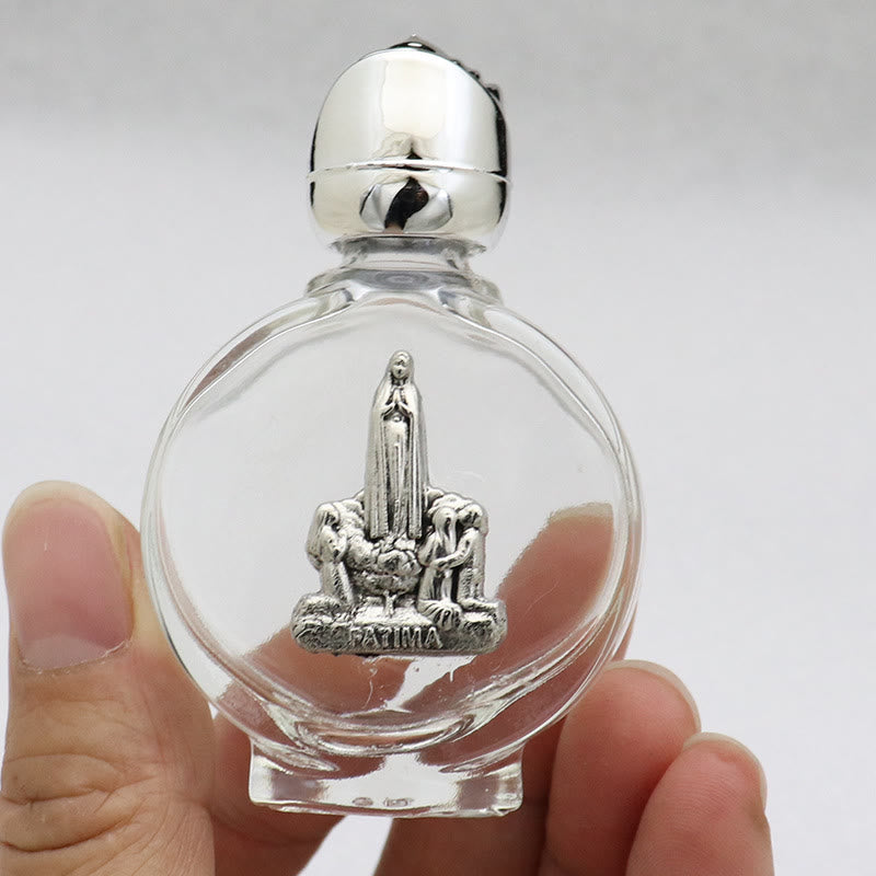 Christianartworkshop Bottiglia per l'acqua santa con icona sacra in rilievo: porta con te la sua cura nei momenti spirituali - Bottiglia rotonda - Signora di Fatima - Argento - image 49