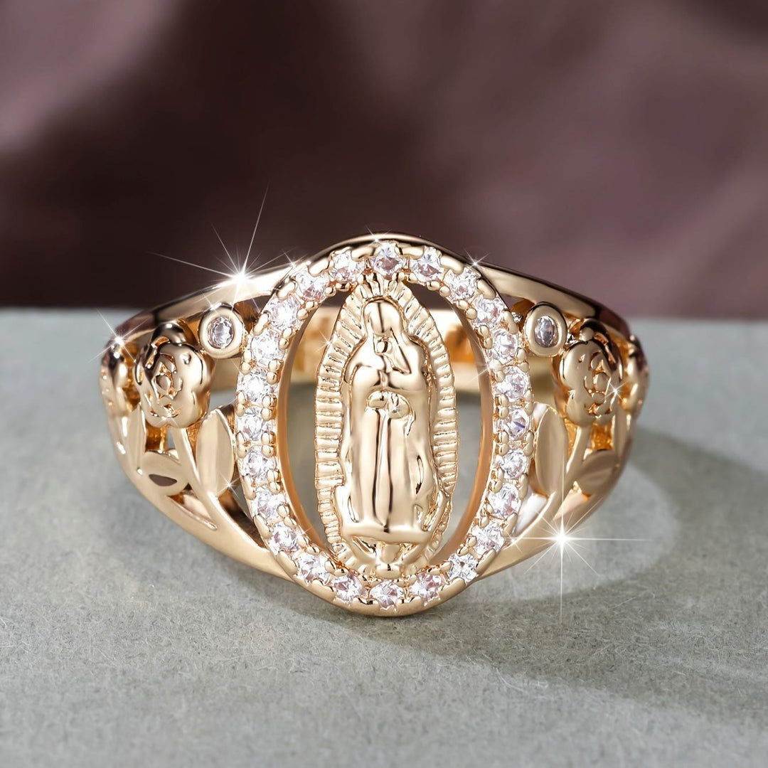 Christianartworkshop Anello della Madonna con zirconi incastonati e accenti floreali: incarna la sua tenera grazia - US 10 - image 0