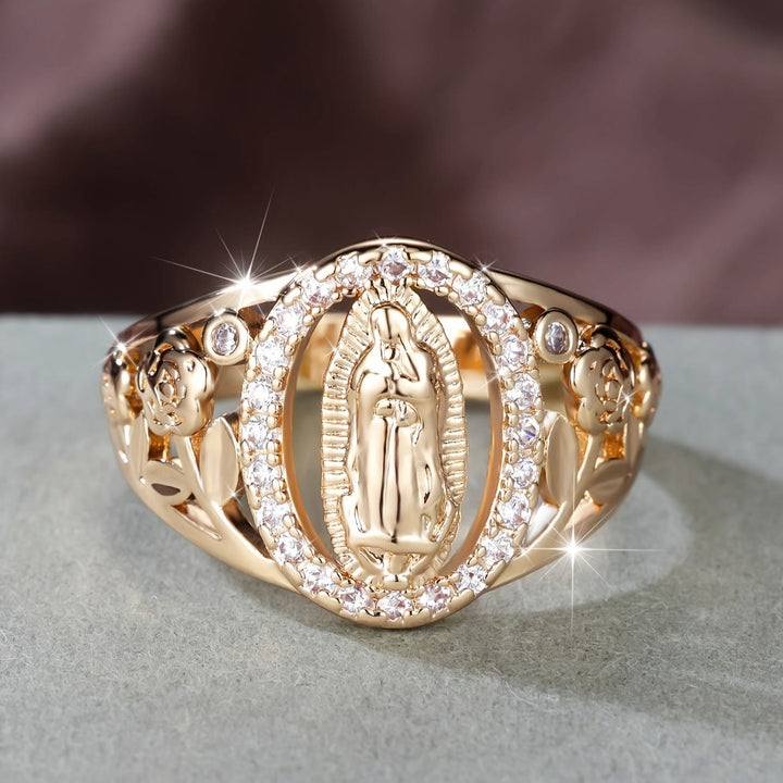 Christianartworkshop Anello della Madonna con zirconi incastonati e accenti floreali: incarna la sua tenera grazia - US 10 - image 0