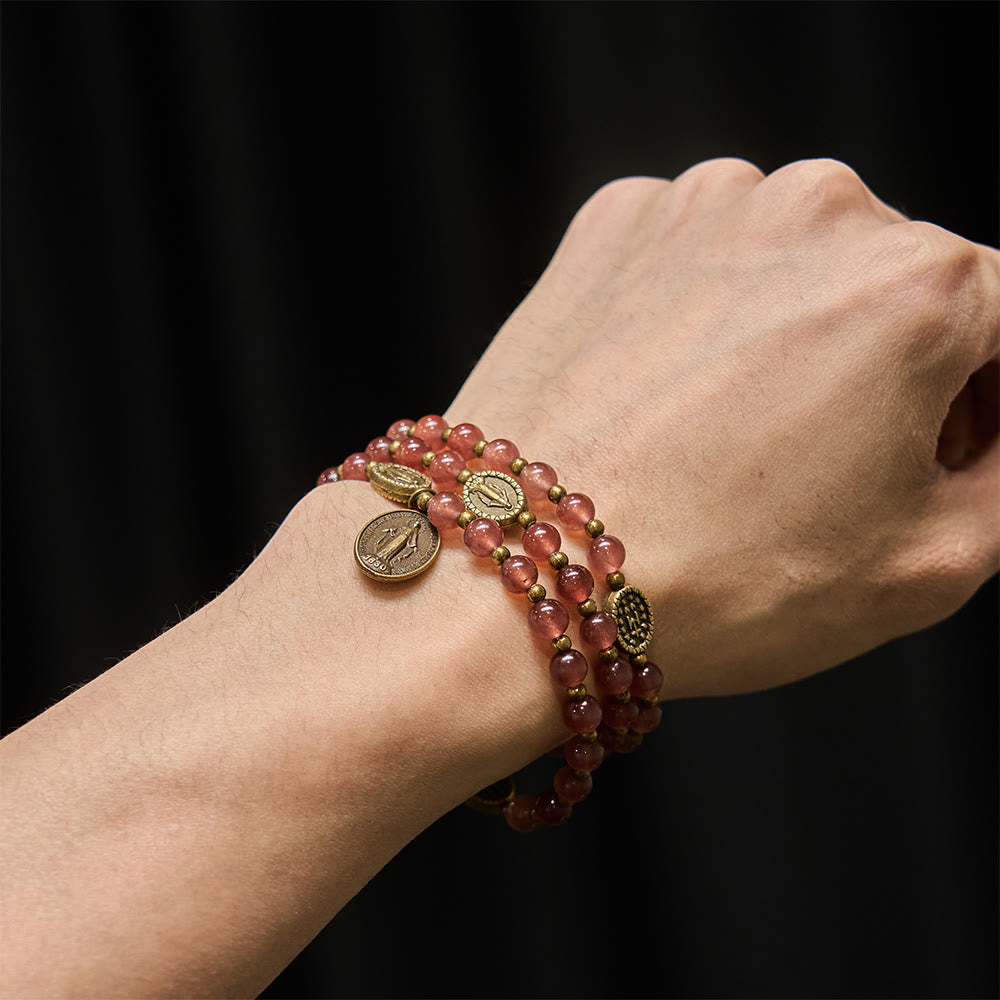 Christianartworkshop Bracciale vintage in quarzo fragola con medaglia miracolosa, devozione sacra - image 1