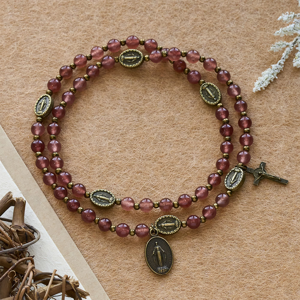 Christianartworkshop Bracciale vintage in quarzo fragola con medaglia miracolosa, devozione sacra - Quarzo fragola - image 0