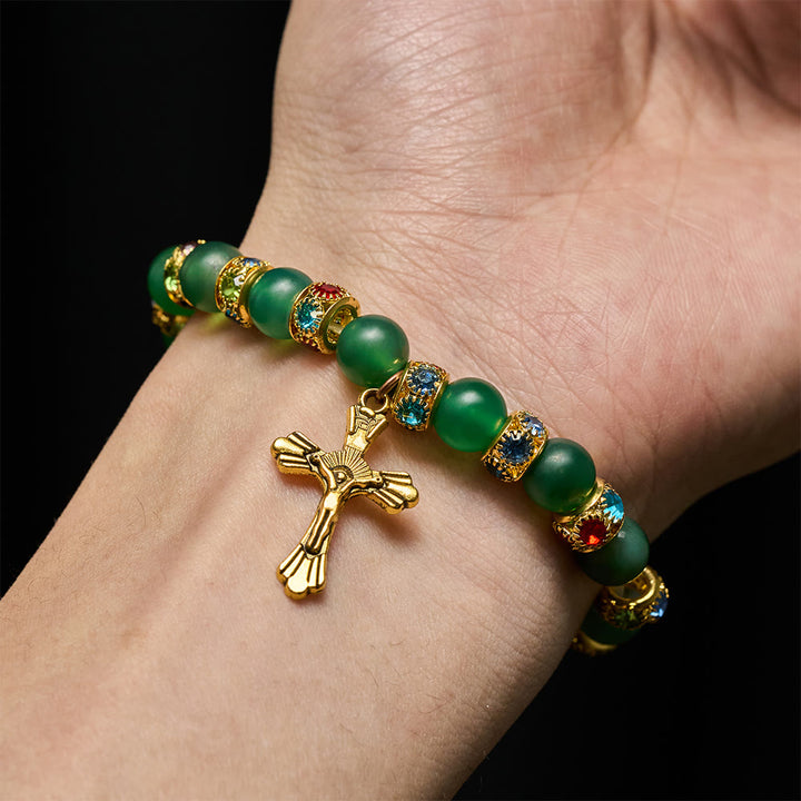 Christianartworkshop Bracciale con croce in agata verde smerigliata e vetro bianco: fede delicata in una texture luminosa - image 3