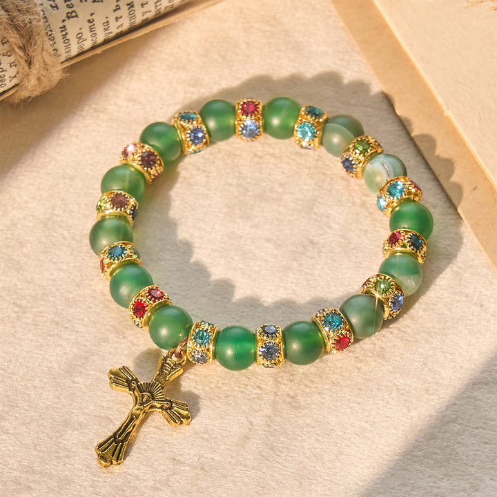 Christianartworkshop Bracciale con croce in agata verde smerigliata e vetro bianco: fede delicata in una texture luminosa - Verde - image 4