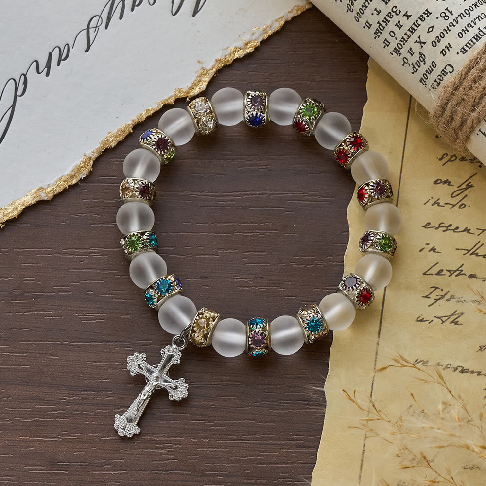 Christianartworkshop Bracciale con croce in agata verde smerigliata e vetro bianco: fede delicata in una texture luminosa - image 16