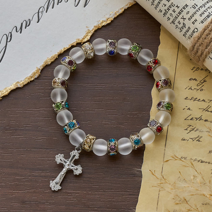 Christianartworkshop Bracciale con croce in agata verde smerigliata e vetro bianco: fede delicata in una texture luminosa - image 16