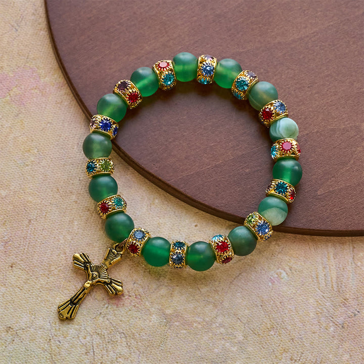 Christianartworkshop Bracciale con croce in agata verde smerigliata e vetro bianco: fede delicata in una texture luminosa - image 2