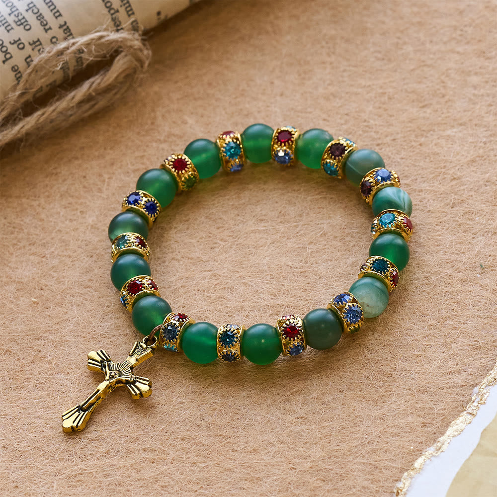 Christianartworkshop Bracciale con croce in agata verde smerigliata e vetro bianco: fede delicata in una texture luminosa - image 7