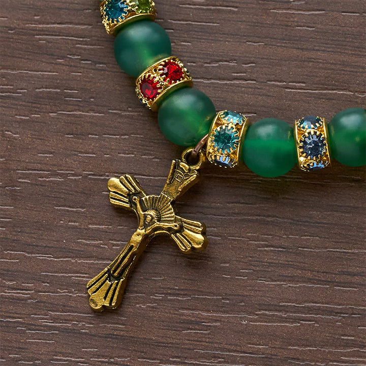 Christianartworkshop Bracciale con croce in agata verde smerigliata e vetro bianco: fede delicata in una texture luminosa - image 10