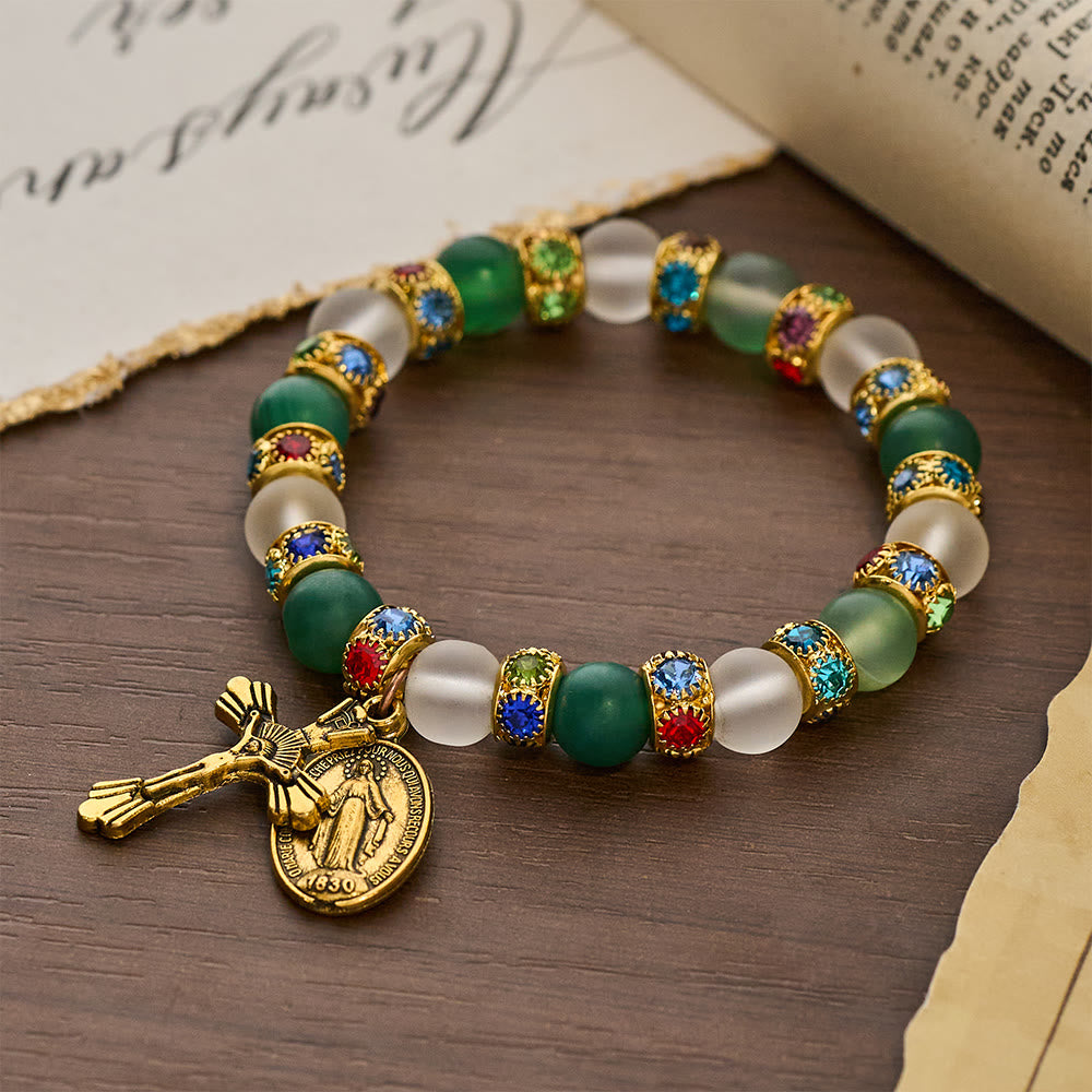 Christianartworkshop Crocifisso in agata satinata liscia e bracciale della Madonna: ricordano il suo tenero amore - Circonferenza del polso: 9,06"/23 cm - image 0