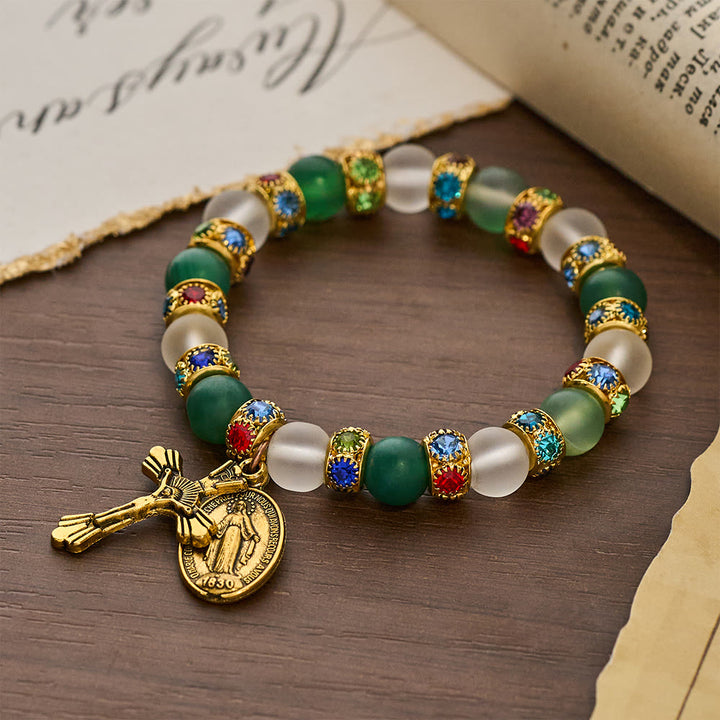 Christianartworkshop Crocifisso in agata satinata liscia e bracciale della Madonna: ricordano il suo tenero amore - Circonferenza del polso: 9,06"/23 cm - image 0