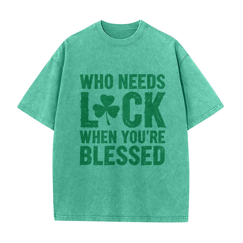 Christianartworkshop Chi ha bisogno di fortuna quando sei benedetto? Maglietta unisex lavata con trifoglio - Verde - 5XL - image 4