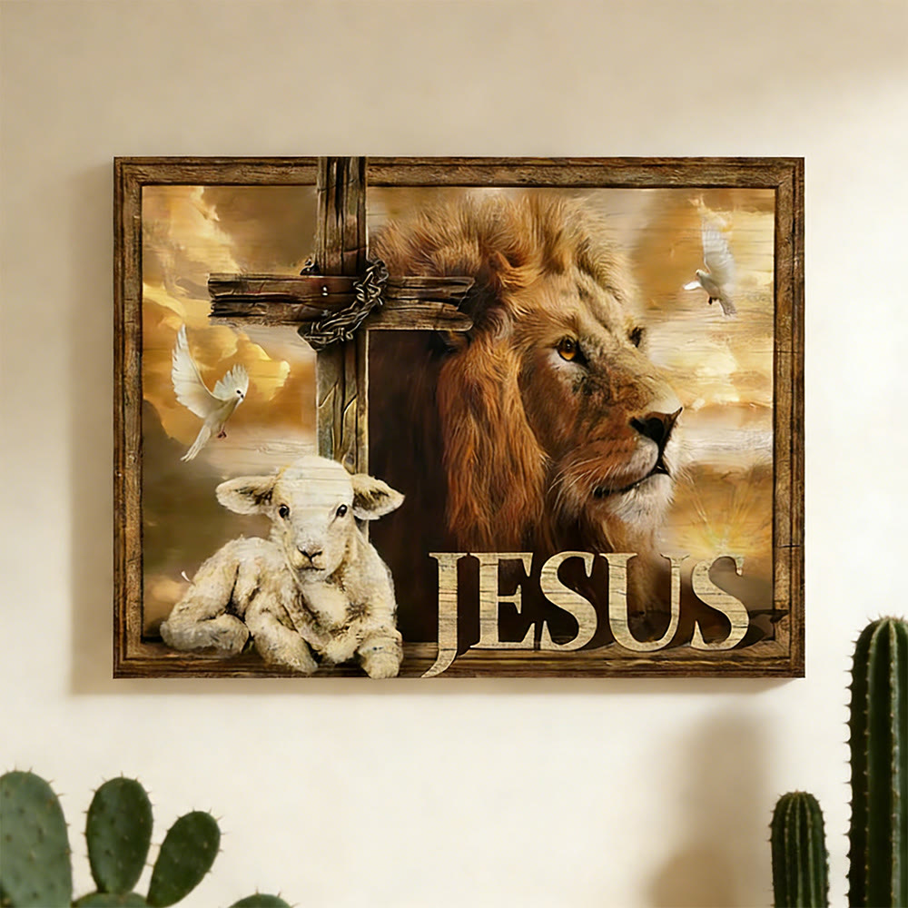 Christianartworkshop Stampa artistica da parete Leone di Giuda e Agnello di Dio: simboli sacri di forza - 15,75''*11,81''0,71"/40*30*1,8 cm - Dipinto su tela incorniciato - image 0