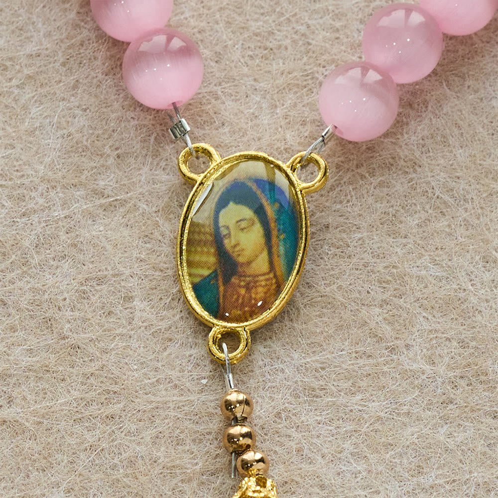 Christianartworkshop Rosario della Madonna con perline acriliche e occhio di gatto rosa: incarna l'amore sacro e la dolce devozione - image 8