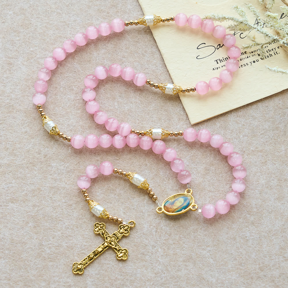 Christianartworkshop Rosario della Madonna con perline acriliche e occhio di gatto rosa: incarna l'amore sacro e la dolce devozione - image 2